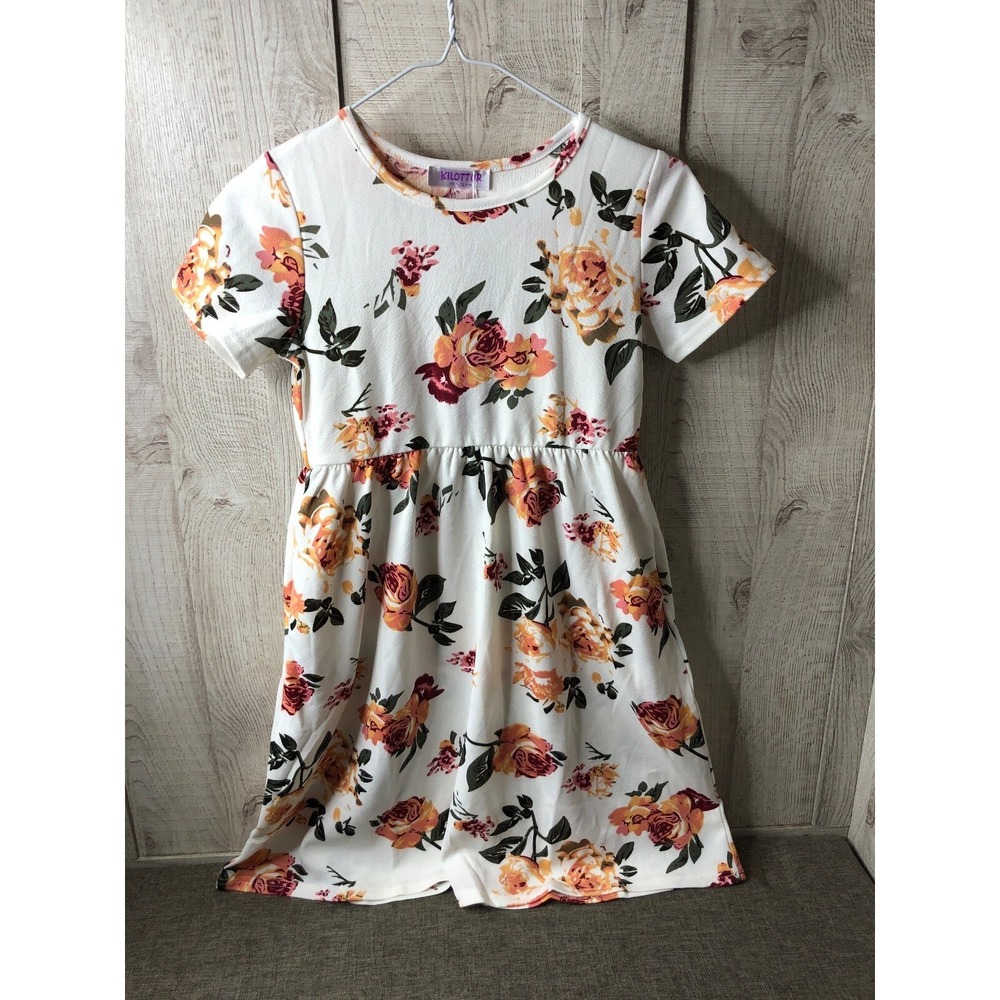 Girls Floral Short Sleeve Dress White Orange Pink Size 11-12Y